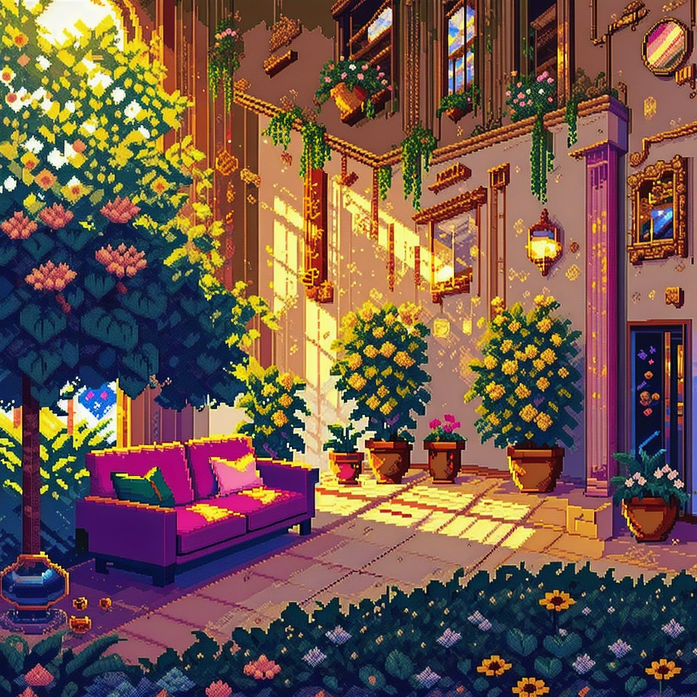 637365111-1832006751-((game pixel art)), Architectural digest photo of a maximalist green solar living room with lots of flowers and plants, golden l.jpg